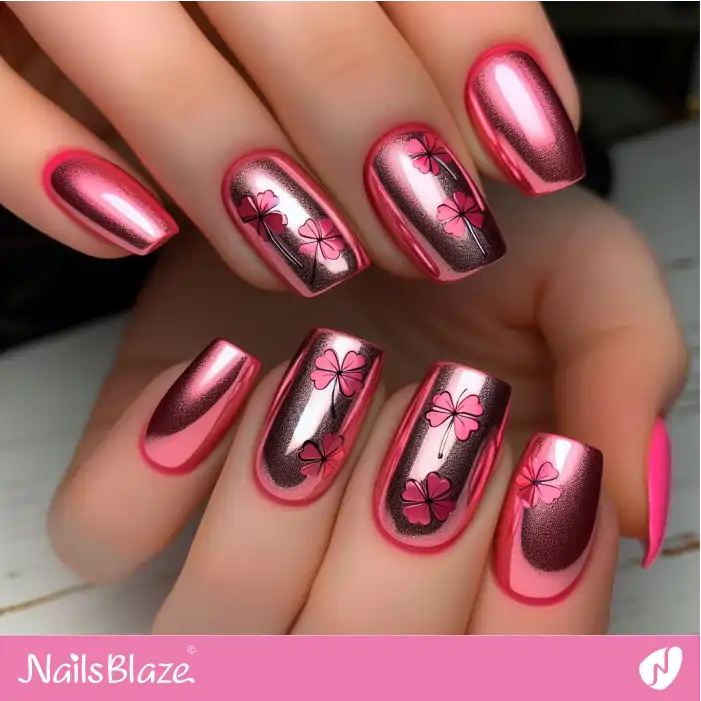 Pink Chrome 4-leaf Clover Nails | Nature-inspired Nails - NB1587